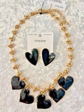 NWT CHICO'S Black Heart Drop Off Necklace AND MATCHING EARRINGS.